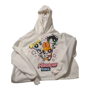 Womens Beige Powerpuff Girls Semi-Crop Hoodie L Sweatshirt Kidcore Nostalgia